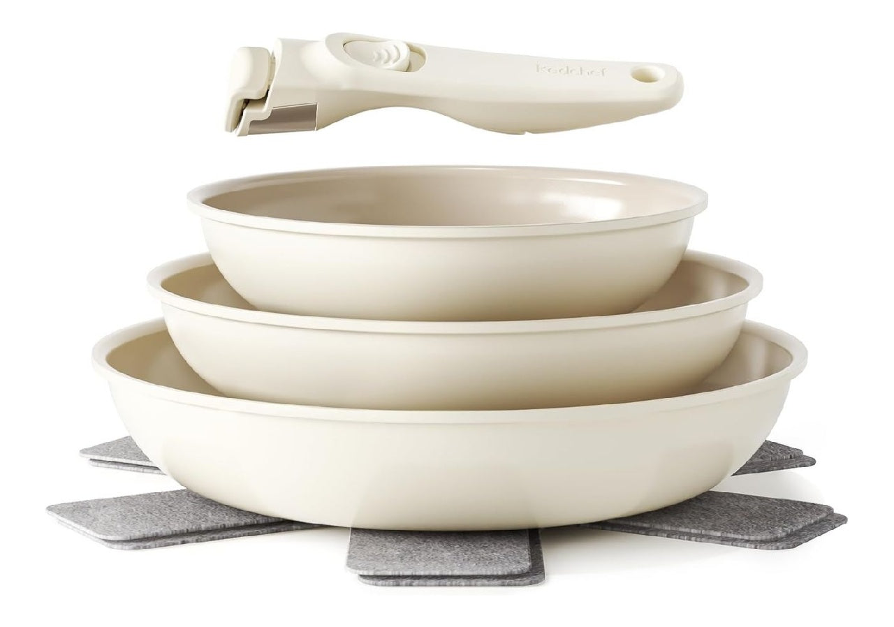 Lot poêles céramique antiadhésives 20/24/28 cm – Poêle induction compatible sans PTFE ni PFOA poignée amovible gain du place passe au lavevaisselle Beige